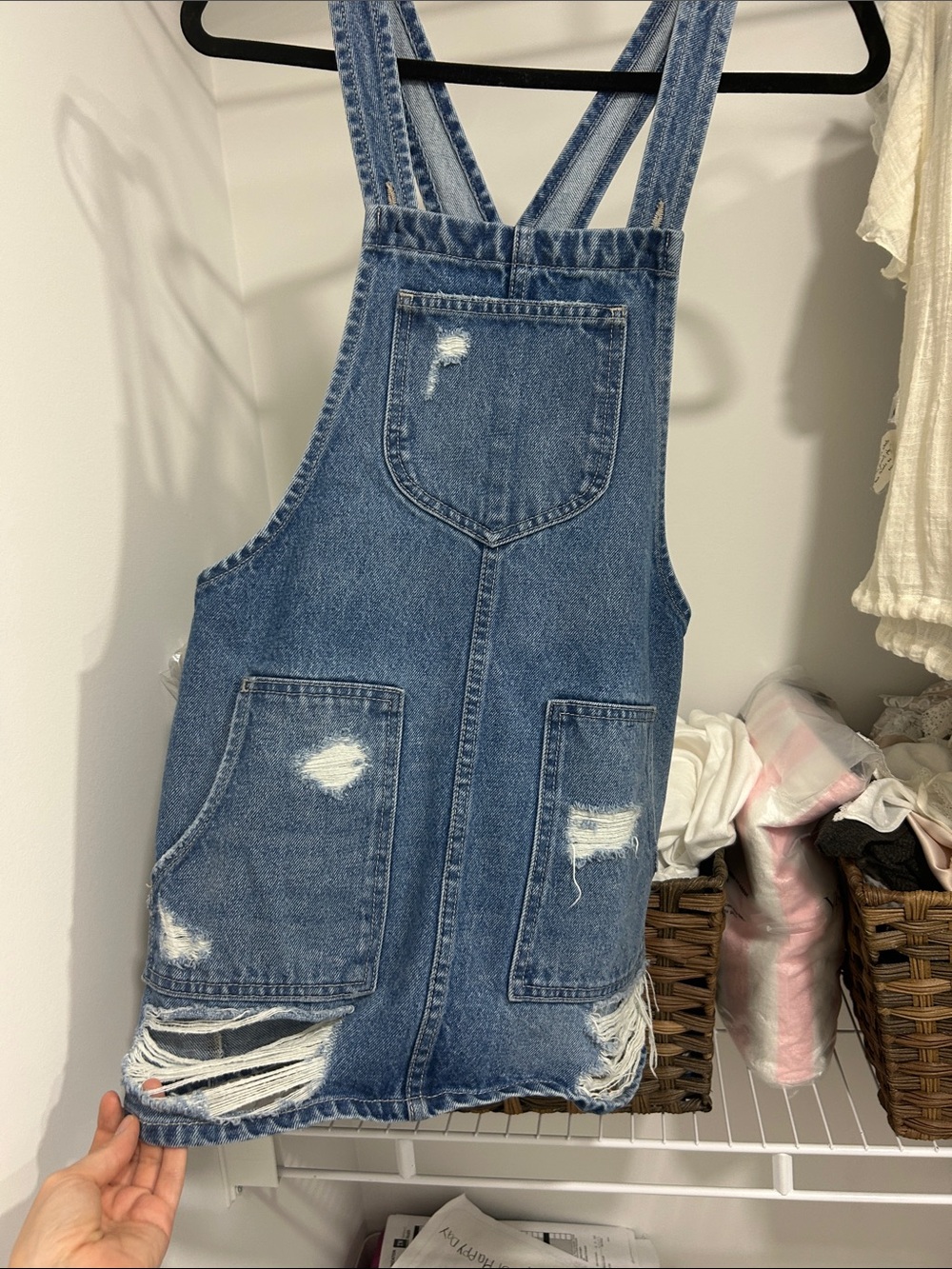Distressed Blue Denim Mini Pinafore Dress